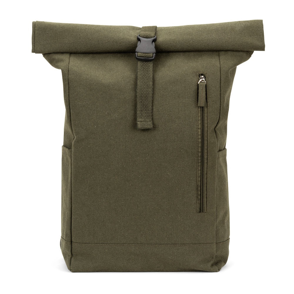 SAINT promotional drawstring bag in dark green (detail view) with custom logo branding