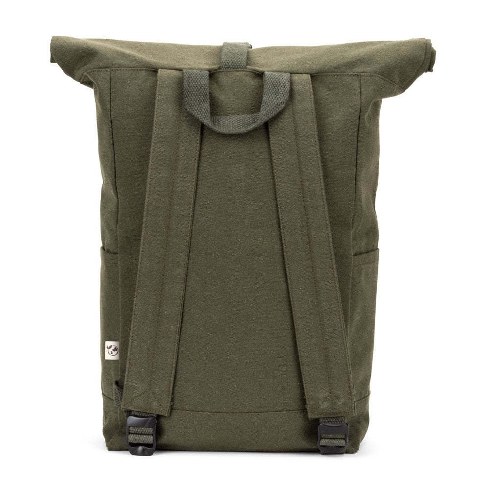 SAINT promotional drawstring bag in dark green (detail view) with custom logo branding