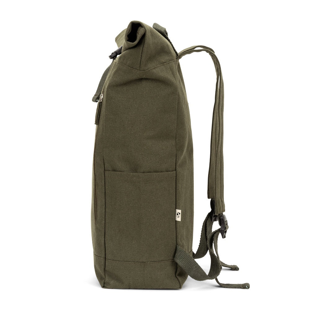 SAINT promotional drawstring bag in dark green (detail view) with custom logo branding