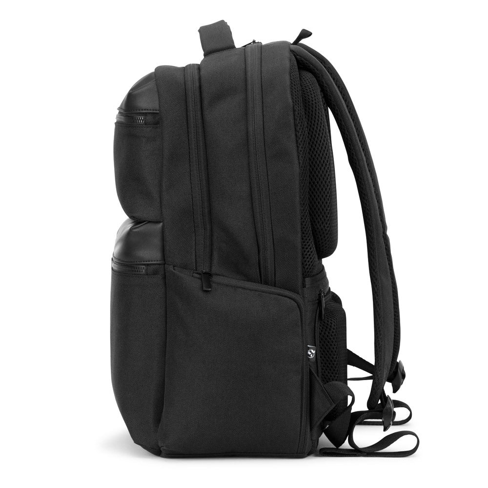 COPENHAGEN promotional backpack in black (detail view) with custom logo branding