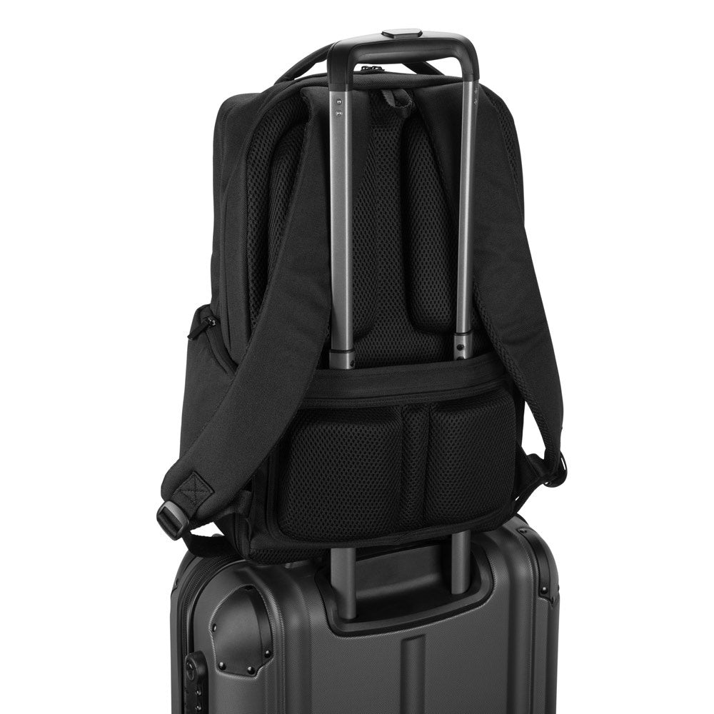 COPENHAGEN promotional backpack in black (detail view) with custom logo branding