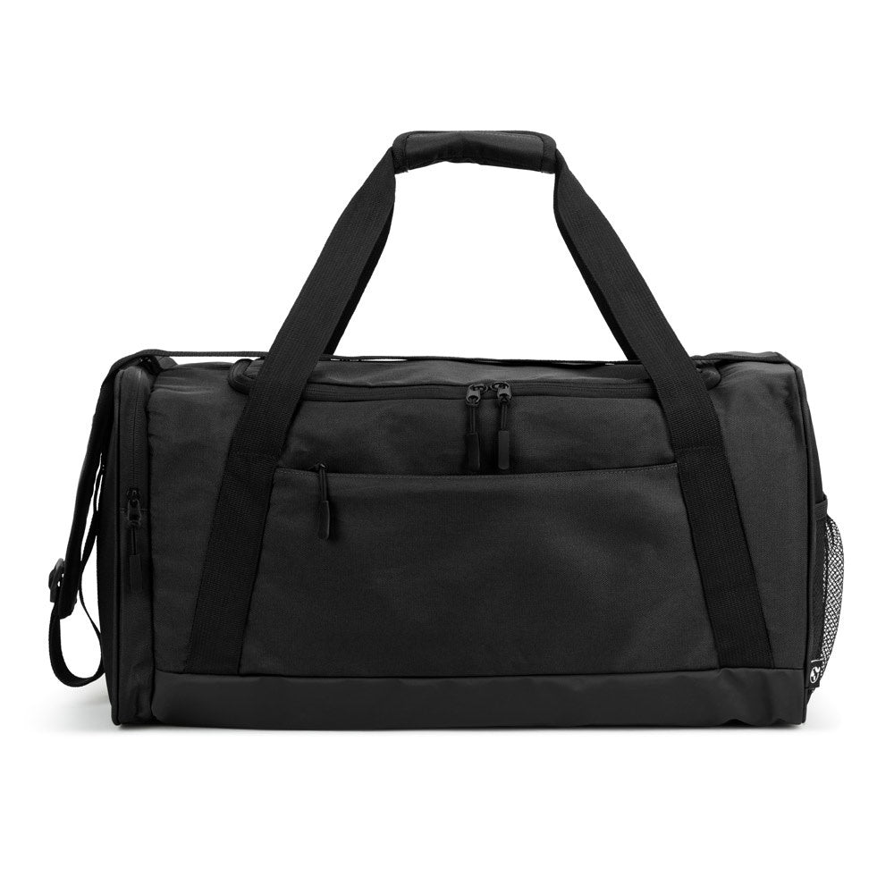 FARO promotional sports bag in black (detail view) with custom logo branding