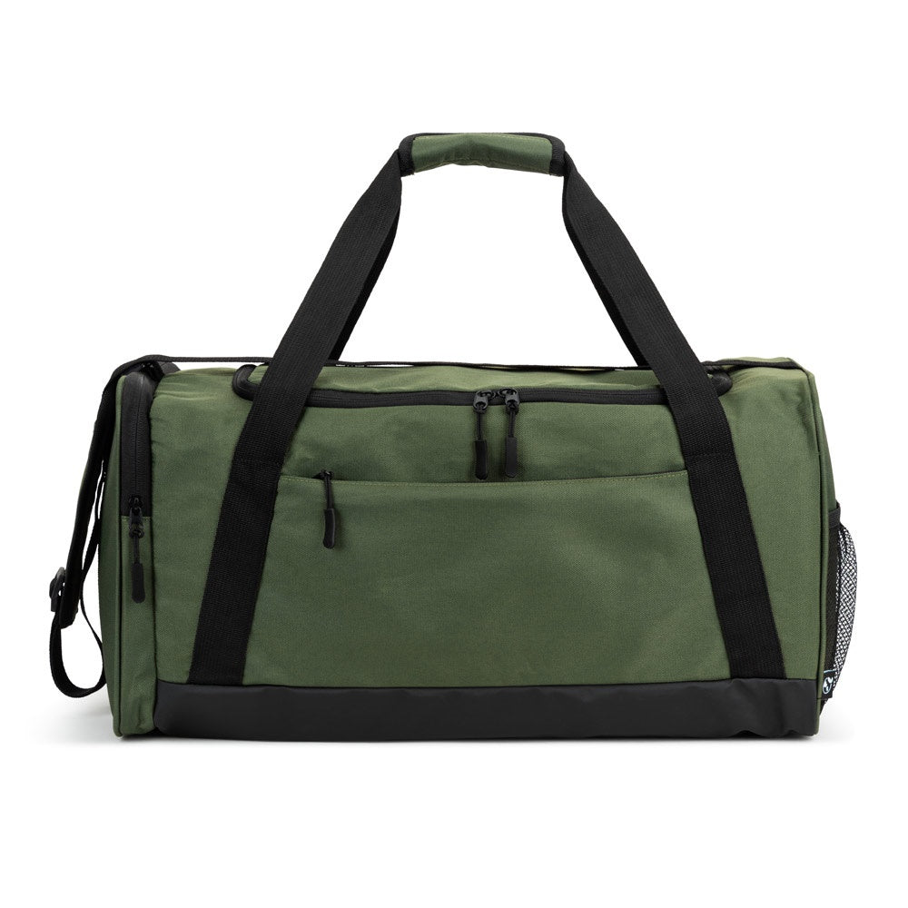 FARO promotional sports bag in dark green (detail view) with custom logo branding