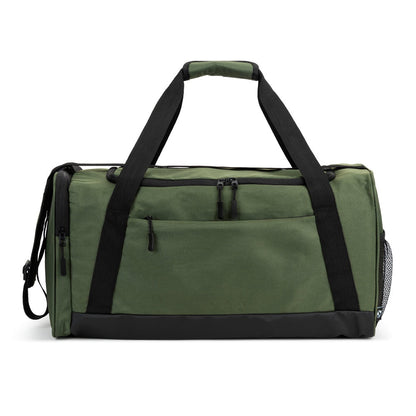 FARO promotional sports bag in dark green (detail view) with custom logo branding