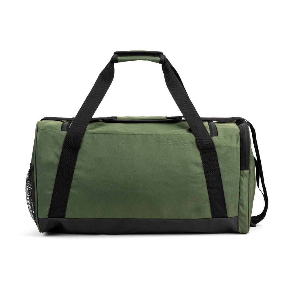 FARO promotional sports bag in dark green (detail view) with custom logo branding