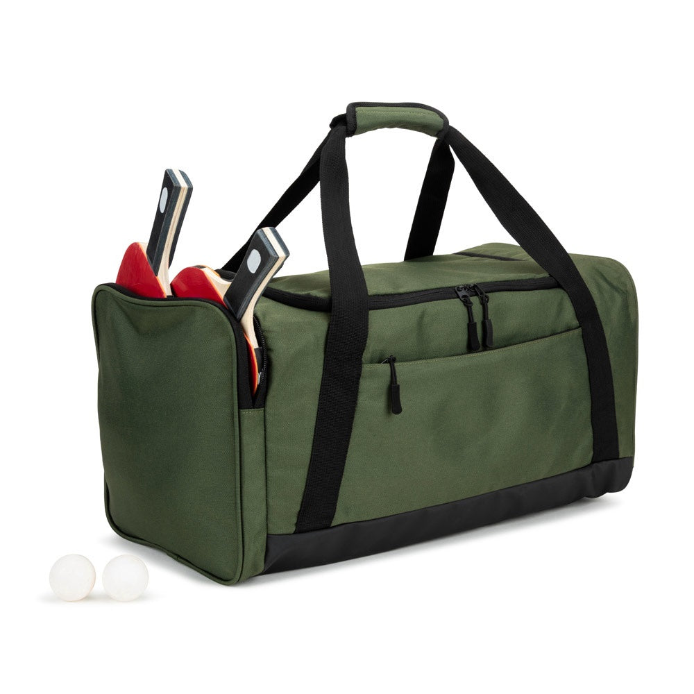 FARO promotional sports bag in dark green (detail view) with custom logo branding