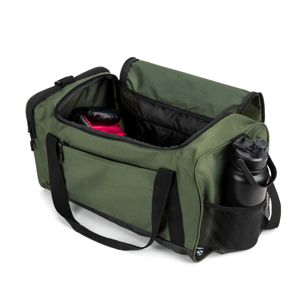 FARO promotional sports bag in dark green (detail view) with custom logo branding