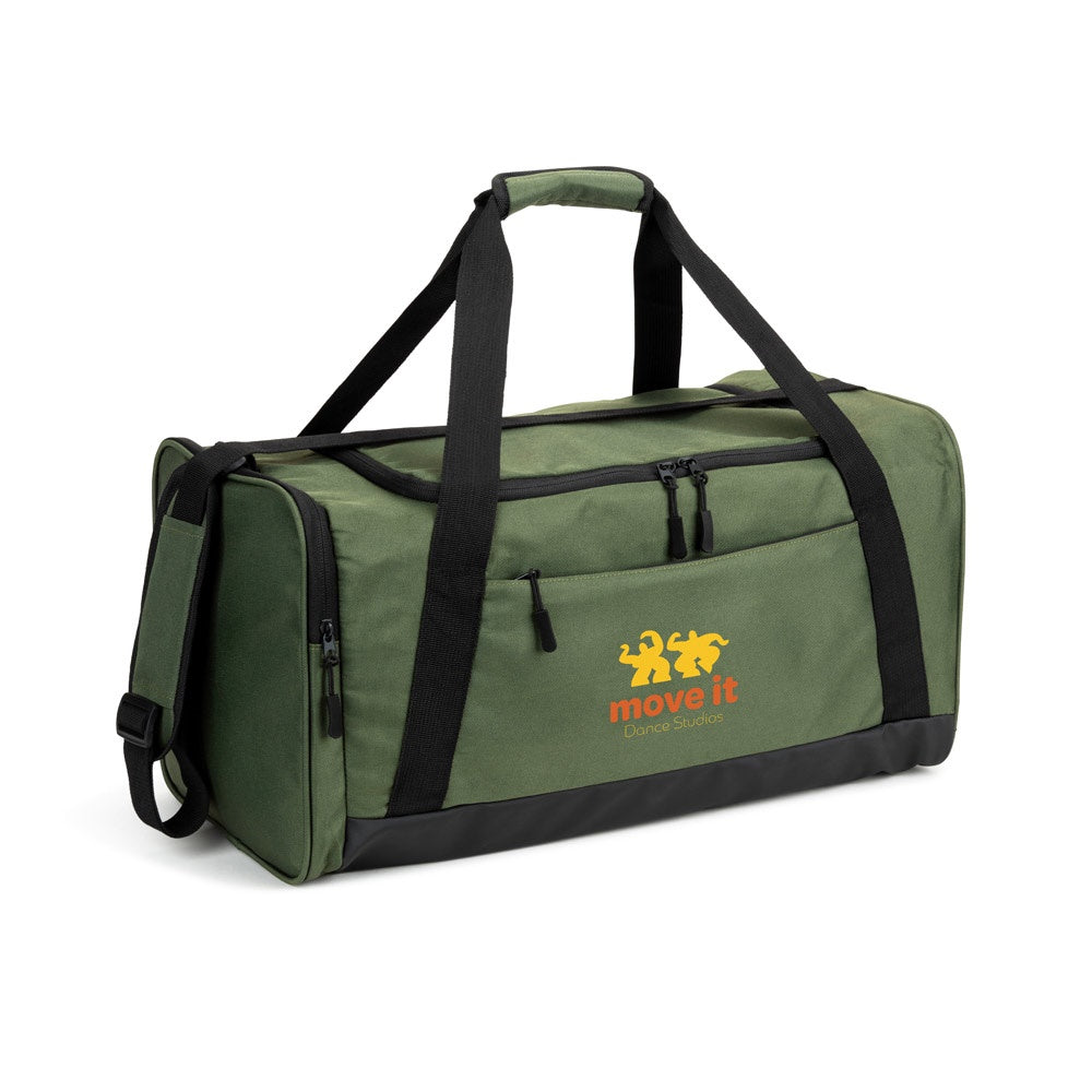 FARO promotional sports bag in dark green with custom logo branding