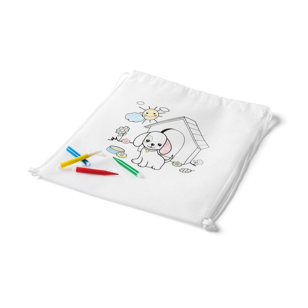 DRAWS promotional drawstring bag in white (detail view) with custom logo branding