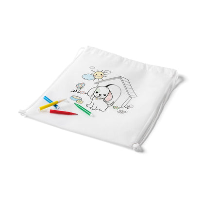 DRAWS promotional drawstring bag in white (detail view) with custom logo branding