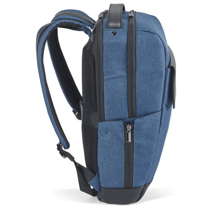 MOTION BACKPACK promotional laptop bag in blue (detail view) with custom logo branding