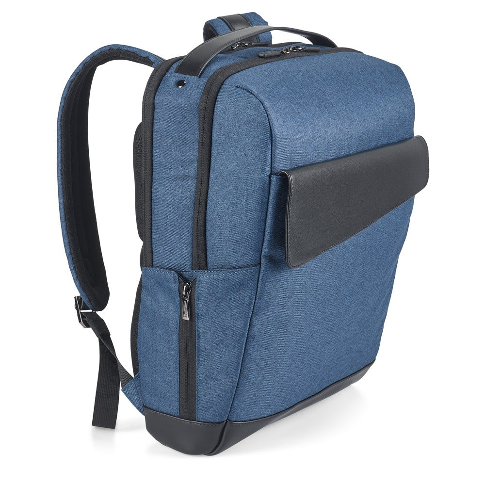 MOTION BACKPACK promotional laptop bag in blue (detail view) with custom logo branding