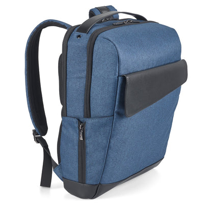 MOTION BACKPACK promotional laptop bag in blue (detail view) with custom logo branding