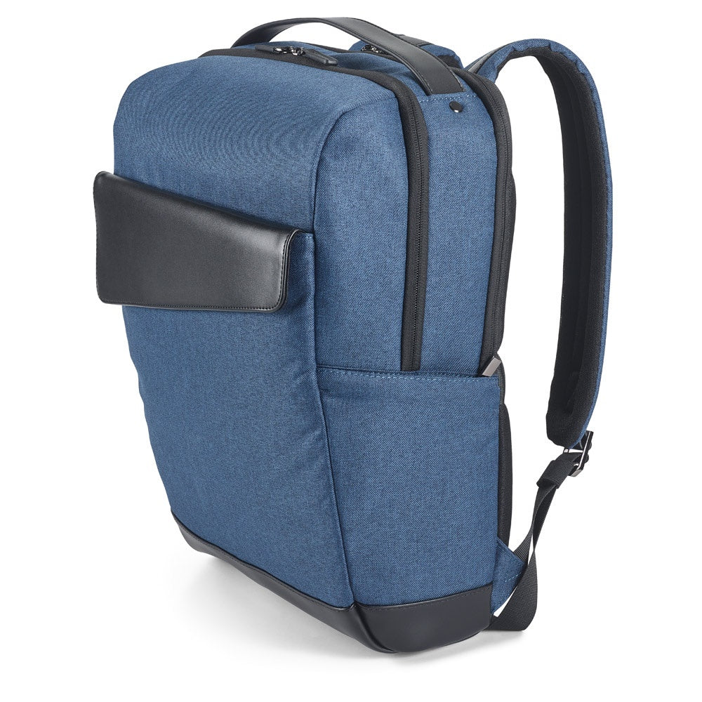 MOTION BACKPACK promotional laptop bag in blue (detail view) with custom logo branding