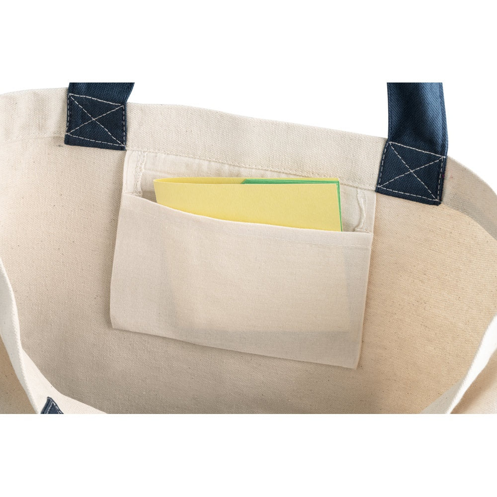 EDMONTON promotional tote bag in blue (detail view) with custom logo branding