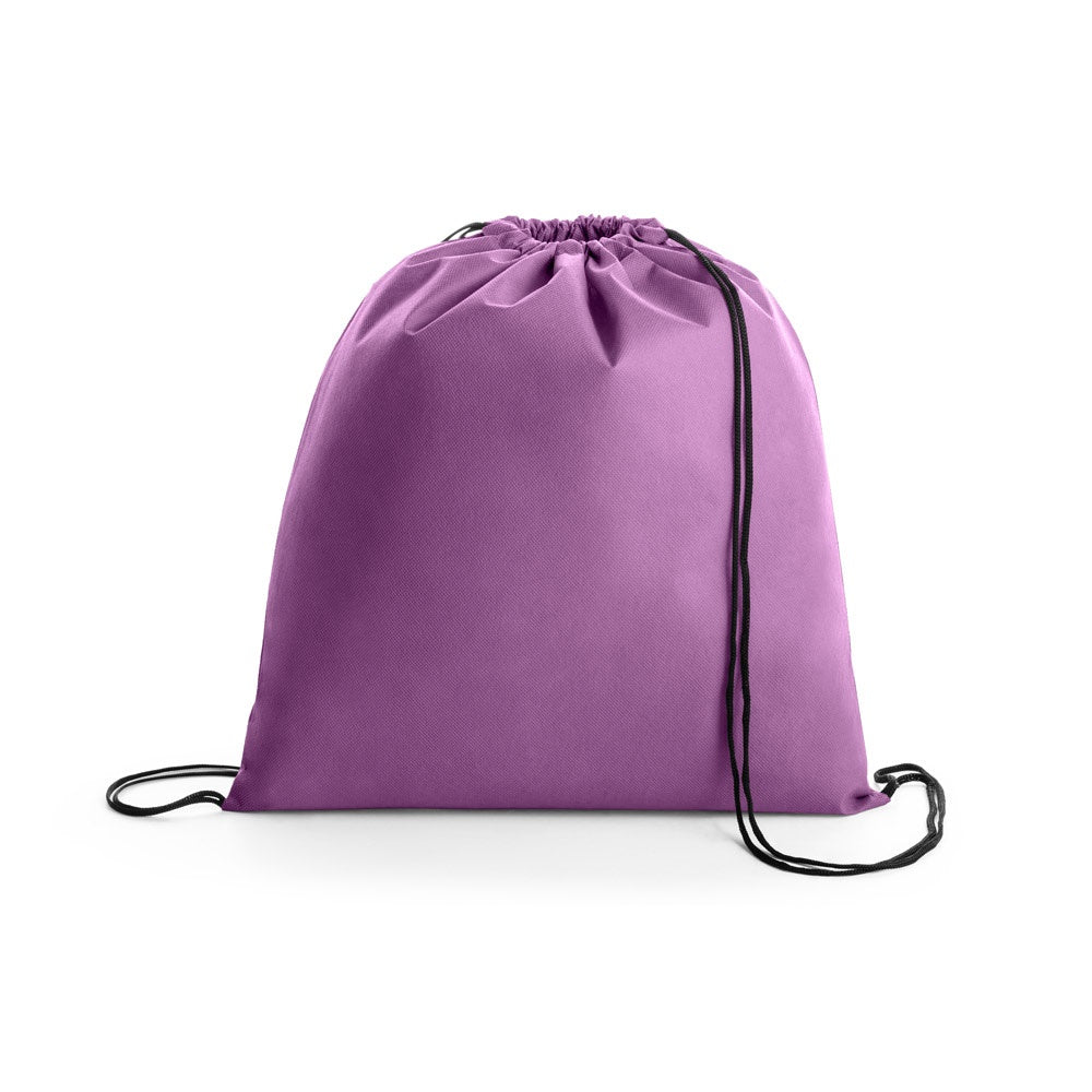BOXP promotional drawstring bag in purple with custom logo branding