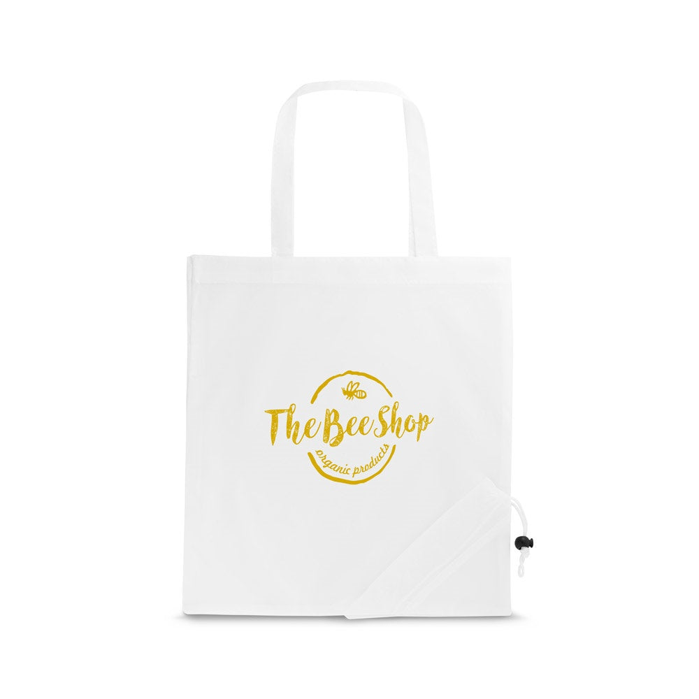 SHOPS promotional tote bag in white with custom logo branding