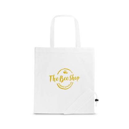 SHOPS promotional tote bag in white with custom logo branding
