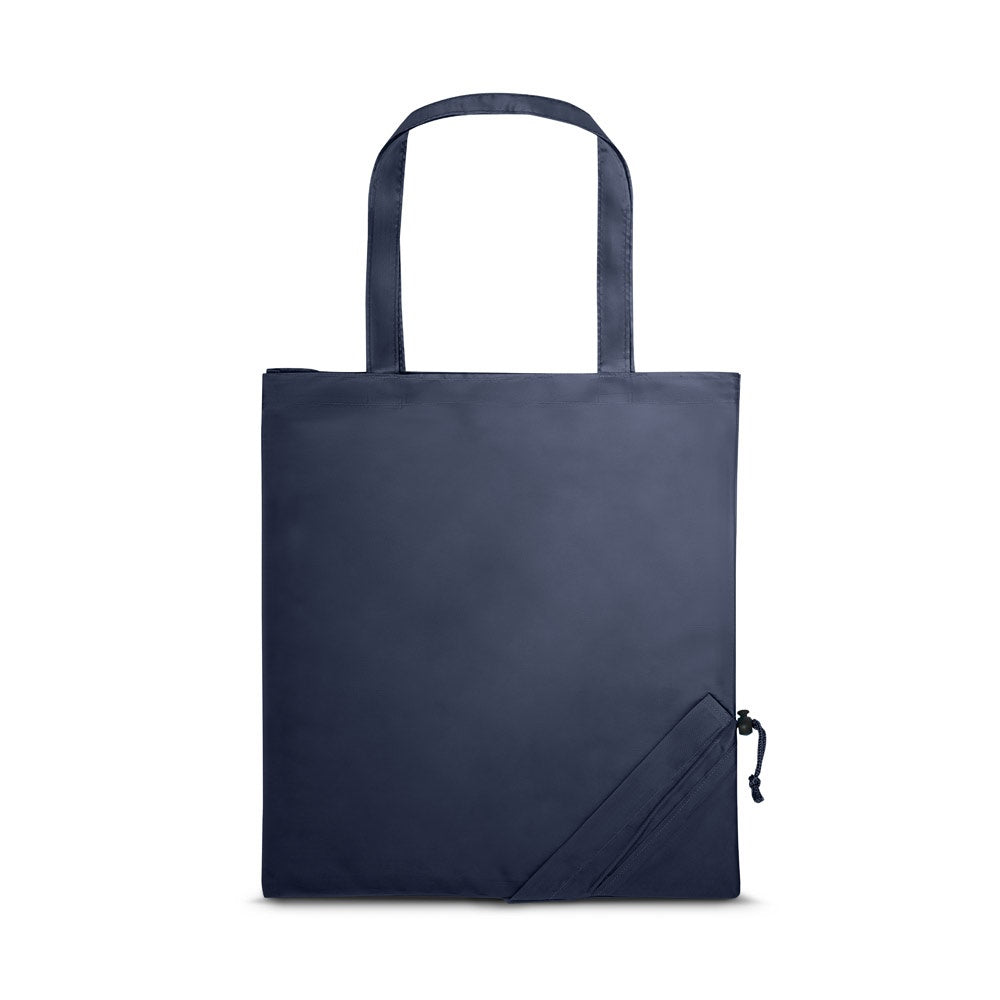 SHOPS promotional tote bag in navy blue with custom logo branding