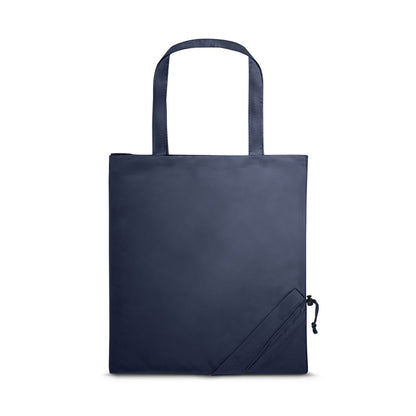 SHOPS promotional tote bag in navy blue with custom logo branding