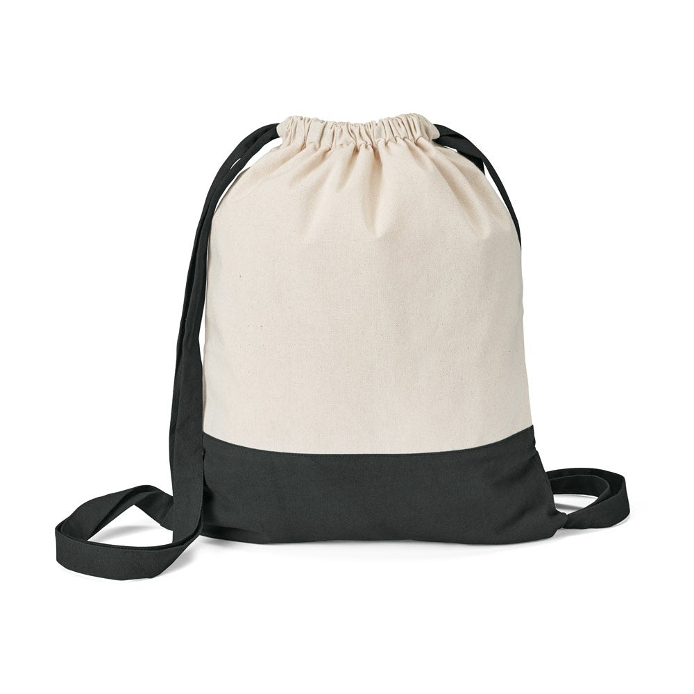 ROMFORD promotional drawstring bag in black with custom logo branding
