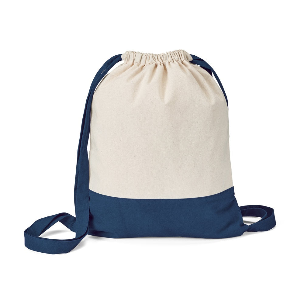 ROMFORD promotional drawstring bag in navy blue (detail view) with custom logo branding