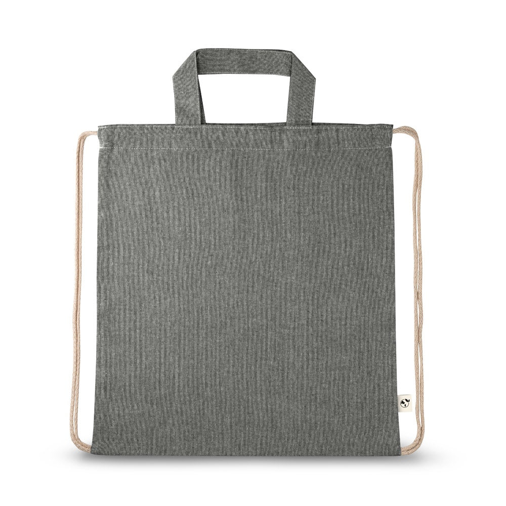 RISSANI promotional drawstring bag in black (detail view) with custom logo branding