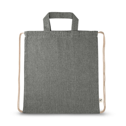 RISSANI promotional drawstring bag in black (detail view) with custom logo branding