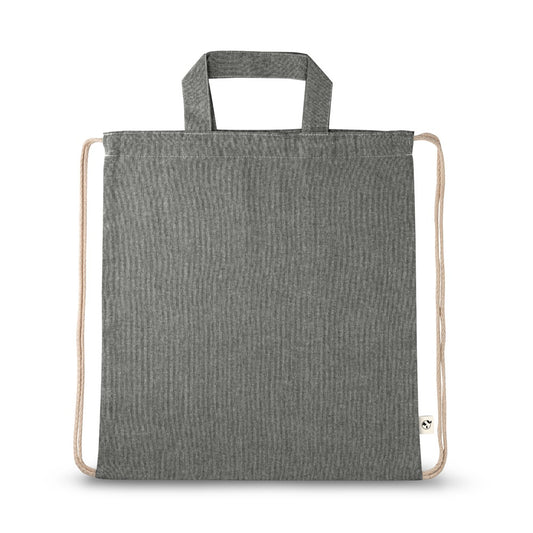 RISSANI promotional drawstring bag in black (detail view) with custom logo branding