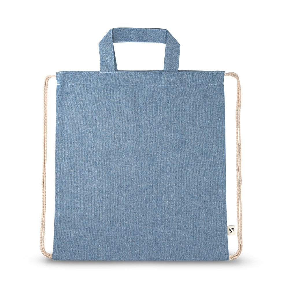 RISSANI promotional drawstring bag in blue (detail view) with custom logo branding
