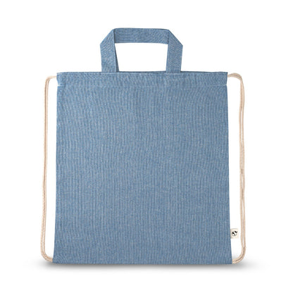 RISSANI promotional drawstring bag in blue (detail view) with custom logo branding