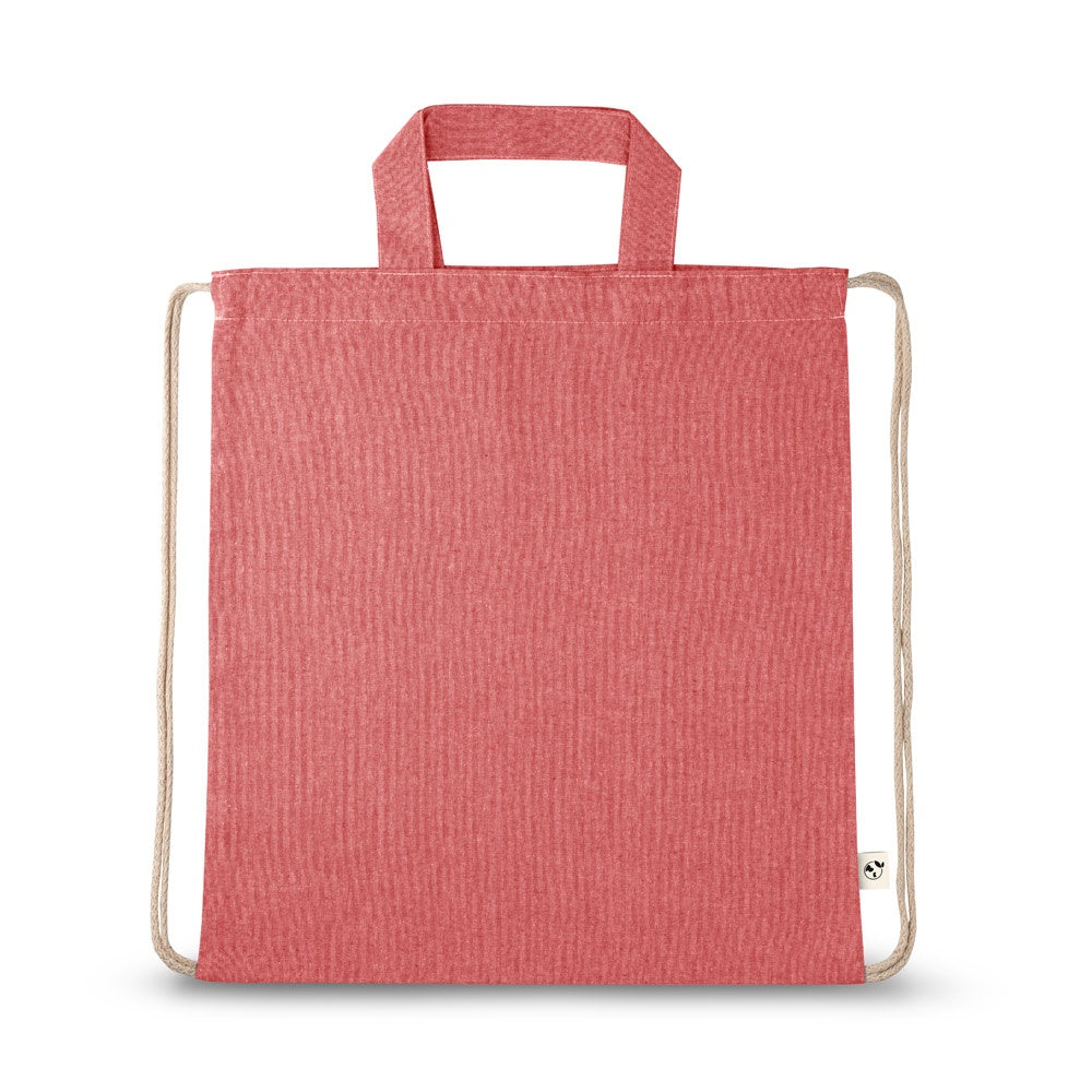 RISSANI promotional drawstring bag in red (detail view) with custom logo branding
