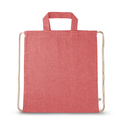 RISSANI promotional drawstring bag in red (detail view) with custom logo branding