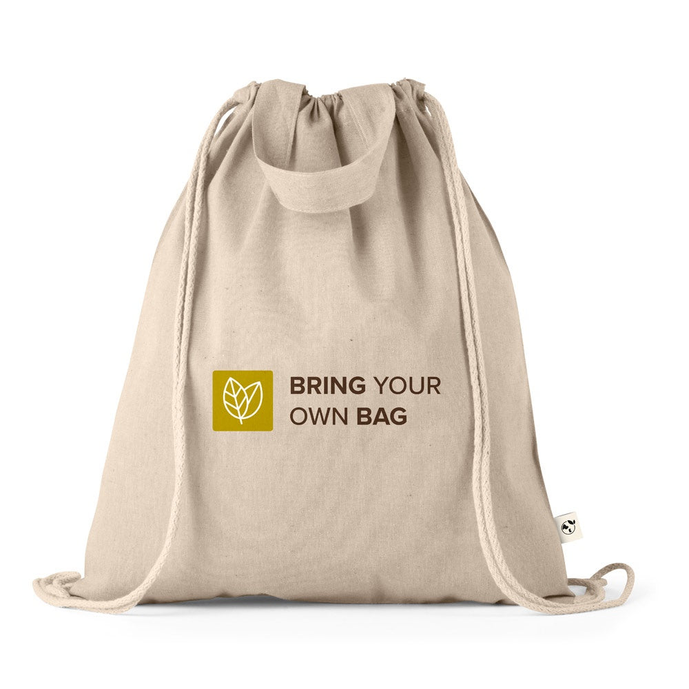 RISSANI promotional drawstring bag in natural with custom logo branding