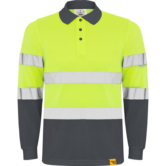 ROLY WRK POLARIS L/S Men's high-visibility long-sleeve polo shirt in lead/fluor yellow - promotional clothing printed with