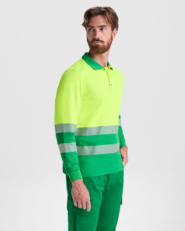 ROLY WRK ATRIO LS Men's high-visibility long-sleeve polo shirt in fluor yellow - promotional clothing printed with your