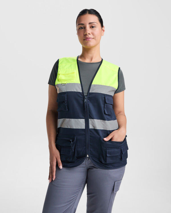 ROLY WRK BETA Unisex high-visibility vest in navy blue/fluor yellow - promotional clothing printed with your company logo