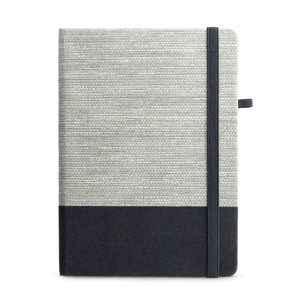 ROUSSEAU promotional notebook in black (detail view) with custom logo branding