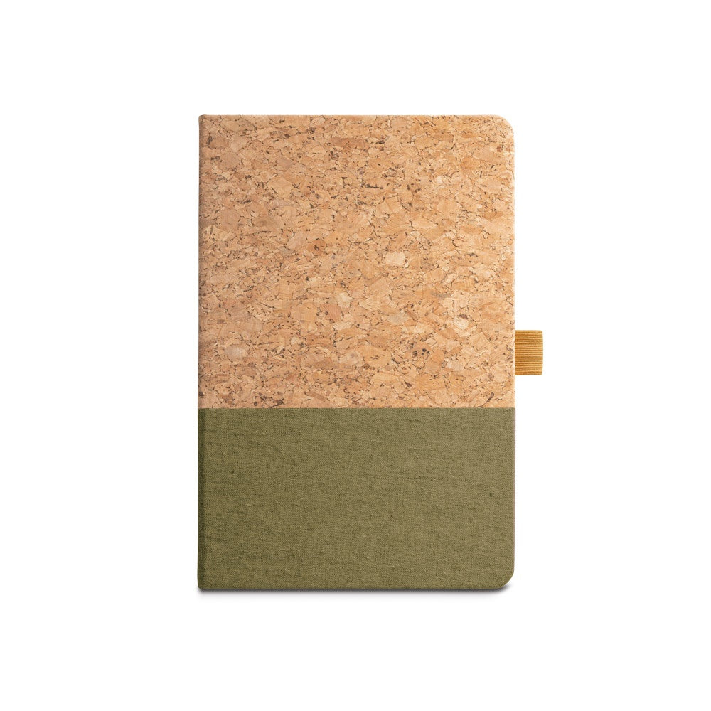 KLEE promotional notebook in dark green (detail view) with custom logo branding
