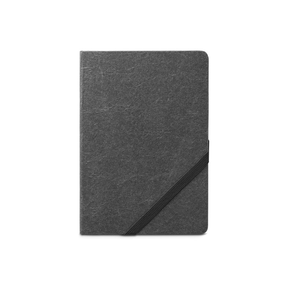 HUXLEY promotional notebook in black (detail view) with custom logo branding