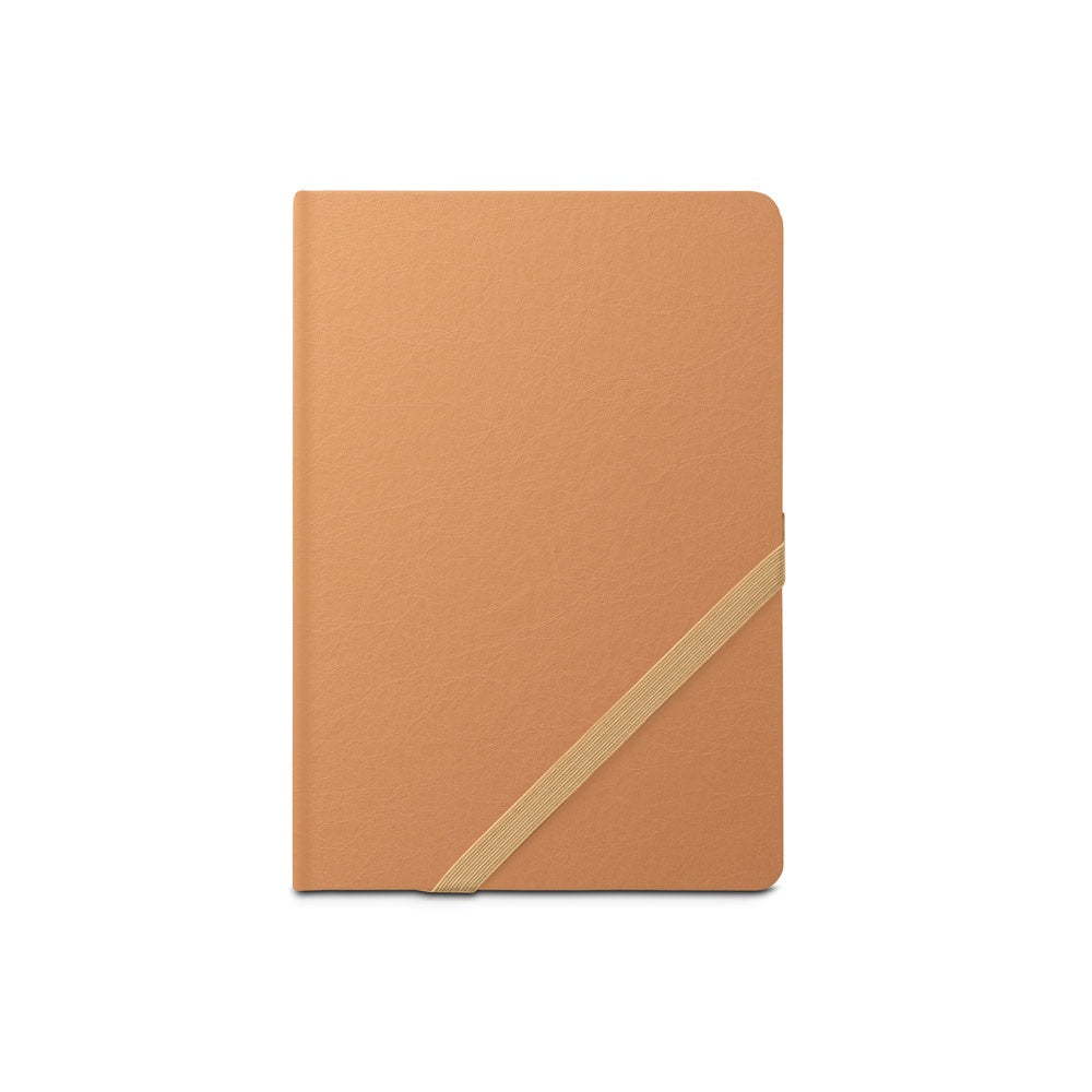 HUXLEY promotional notebook in light brown (detail view) with custom logo branding