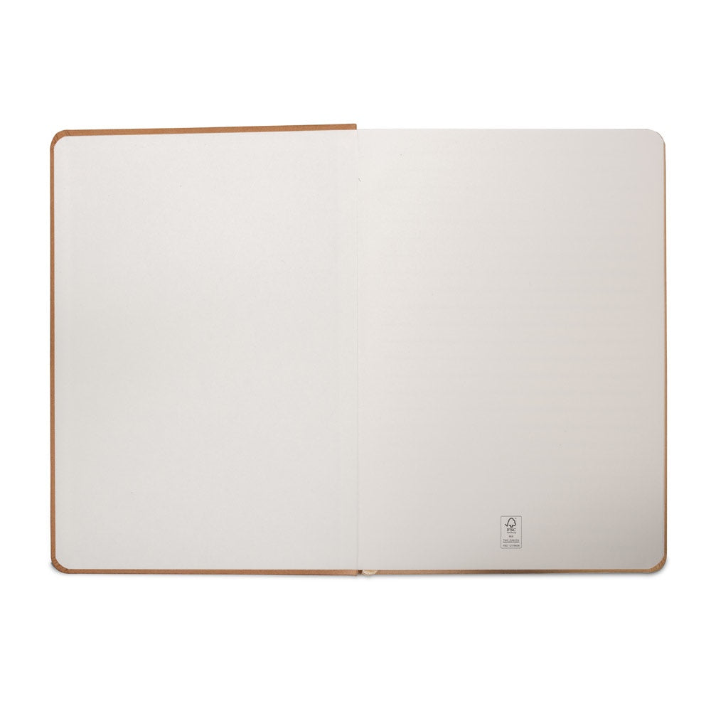 HUXLEY promotional notebook in light brown (detail view) with custom logo branding