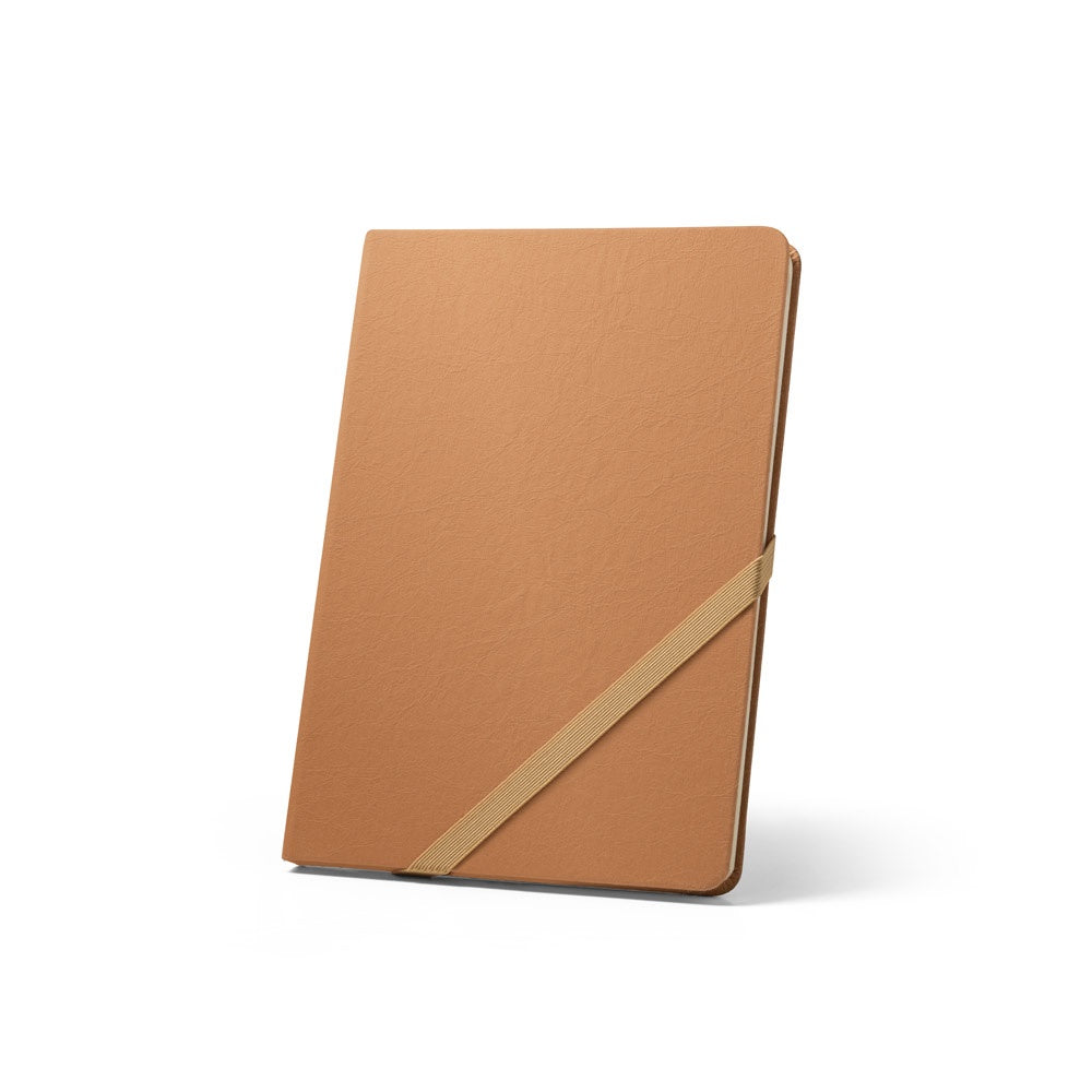 HUXLEY promotional notebook in light brown with custom logo branding