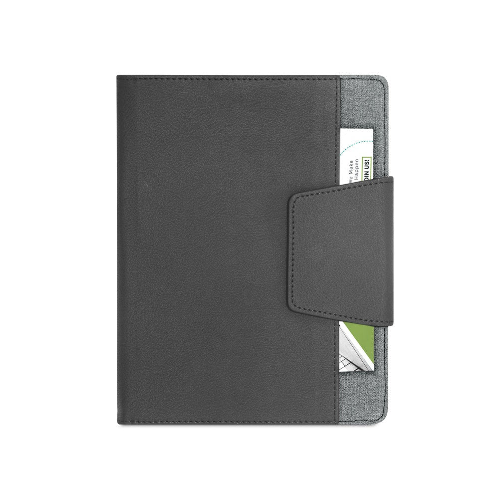 RUSSEL promotional notebook in grey (detail view) with custom logo branding