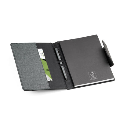 RUSSEL promotional notebook in grey (detail view) with custom logo branding
