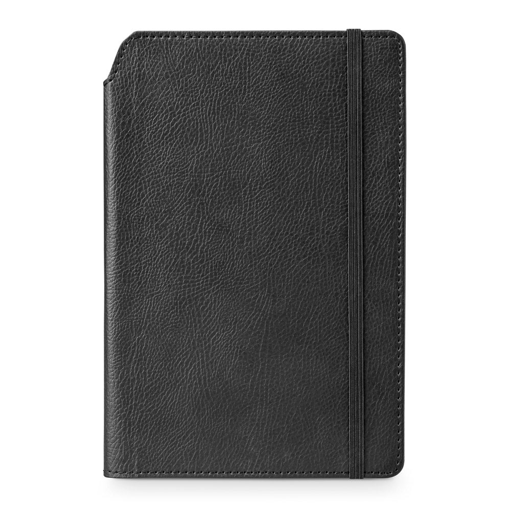 MORIAH promotional notebook in black (detail view) with custom logo branding