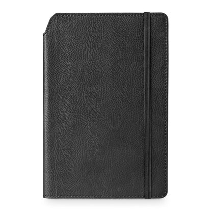 MORIAH promotional notebook in black (detail view) with custom logo branding