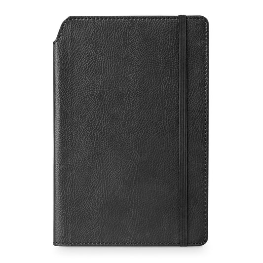 MORIAH promotional notebook in black (detail view) with custom logo branding