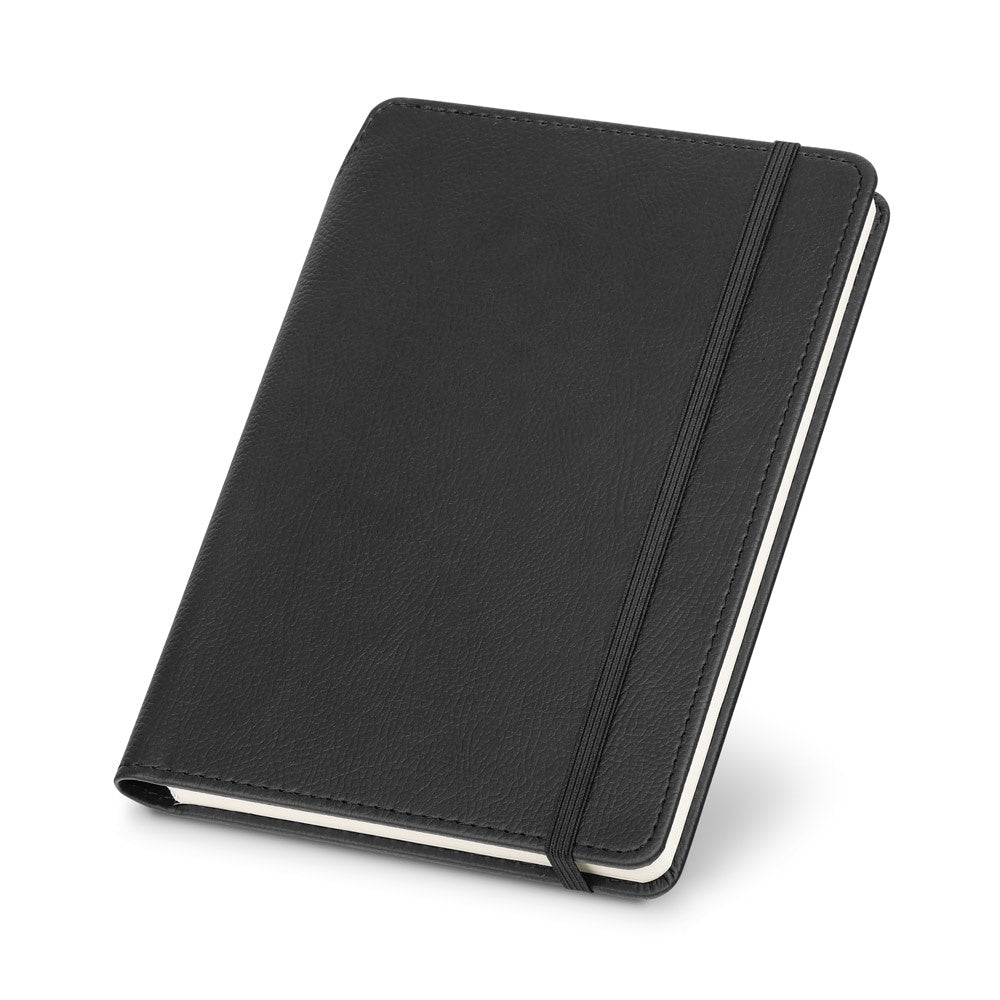 MORIAH promotional notebook in black (detail view) with custom logo branding