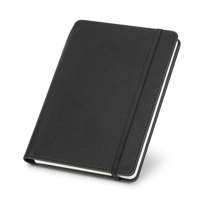 MORIAH promotional notebook in black (detail view) with custom logo branding
